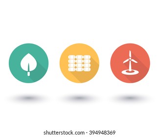 Solar, wind energetics, biofuel, alternative energy solutions, green energetics, round flat icons on white, vector illustration