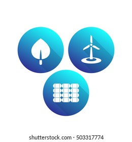 Solar, wind energetics, biofuel, alternative energy solutions, green energetics, round icons on white