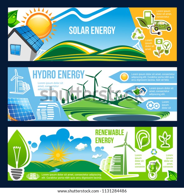 Solar, wind and hydro energy banner for ecology and\
environment friendly power. Green house, sun panel, wind turbine\
and hydro station poster with energy saving light bulb, recycling\
sign and eco car
