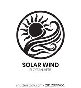 Solar Wind logo depicts a dynamic, swirling sun motif with fluid, wind-swept lines, representing clean energy and natural power. This energetic and modern design is ideal for renewable energy companies, solar panel manufacturers, environmental NGOs, or green tech startups aiming to convey sustainability, movement, power, and a harmonious connection to natural environmental resources.
