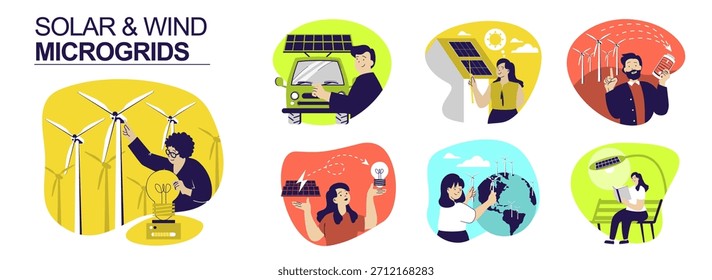 Concepto de microredes solares y eólicas para el Diseño web. Colección con personas que usan turbinas eólicas y paneles solares en la azotea de la casa o el automóvil, sistema doméstico de generación de energía renovable. Ilustración vectorial.