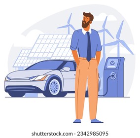 Solar and wind power and alternative light energy vector concept. Renewable green electricity for car battery, electric car green energy charging.