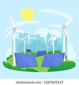 Solar and wind power city concept. Energy stations with solar cell panels and windmills innovation technology for clean and sustainable electrical power. Flat vector illustration isolated background