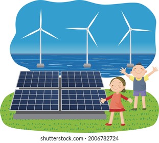Solar and wind power, clean energy, deep-breathing children, SDGs