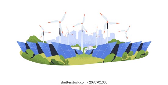 Solar and wind power plant. Renewable green electric energy station with cell panels and windmills for clean sustainable electricity generation. Flat vector illustration isolated on white background