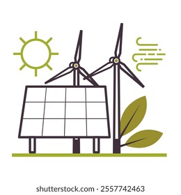 Solar and wind power plant. Renewable electricity resource from solar panels and wind turbines. Clean electric energy concept. Flat vector illustration. Not AI generated