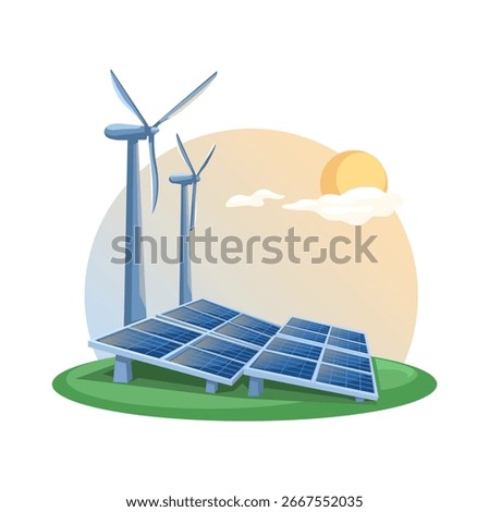 Solar and Wind Power Plants Cartoon Illustration Vector