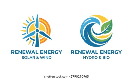 Solar and wind renewable energy typography logo with turbine symbol hydro and bio renewable energy typography logo with water wave and leaf emblem