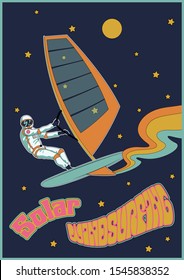 Solar Windsurfing Illustration, Astronaut and Sail Surfboard Psychedelic Art Style 