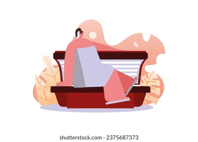 Solarium and body positive concept with people scene in the flat cartoon style. The virgin comes out of solarium with perfect skin tone that emphasizes the beauty of her body. Vector illustration.