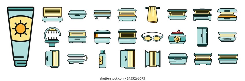 Solarium icons set outline vector. Bronze bed. Bikini lamp thin line color flat on white