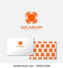 Solarium logo. Sun emblem. Suntan salon icon. Orange sun with rays on a white background. Identity. Business card.