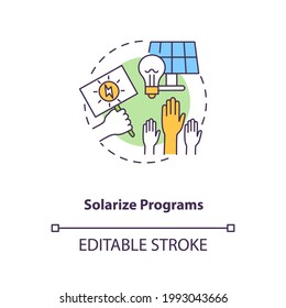 Solarize programs concept icon. Solar photovoltaic group-purchasing program idea thin line illustration. Sell unused electricity. Vector isolated outline RGB color drawing. Editable stroke