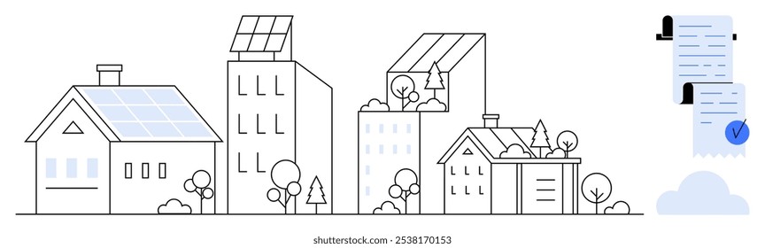 Solar-panel-equipped homes and skyscrapers. Cloud and contract with checklist icon signify renewable energy. Ideal for environmental sustainability, green energy, urban planning, modern housing