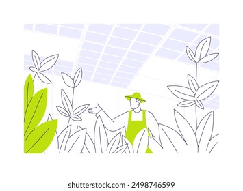 Solarbetriebenes abstraktes Konzept, Vektorgrafik. Bauer in einem solarbetriebenen Gewächshaus, ökologische Umwelt, nachhaltige moderne Technologie, erneuerbare Energie abstrakte Metapher.