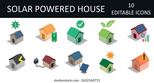 Solar-powered house icon set featuring plug, lightning bolt, sun, battery, check mark, warning, eco leaf, dollar sign, and energy chart.