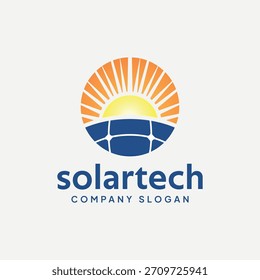 Logotipo SolarTech - Painel Solar E Ícone Sunrise Renewable Energy.