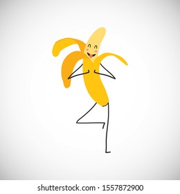 solated cute character banana meditate in yoga pose. Vector flat cartoon icon on white background. Kid banana for health, fitness nutrition. Vector Illustration
