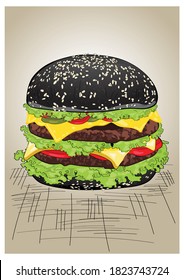 ilustración vectorial de hamburguesa aislada; caricatura de hamburguesa; Hamburguesa de chaco casera con carne de res, cebolla, tomate, lechuga y queso