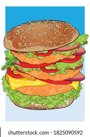 solated hamburger vector illustration; hamburger cartoon; chicken big burger with cheese