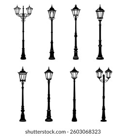solated streetlight lamps, vintage lamppost or streetlamp and lanterns. vector silhouette.