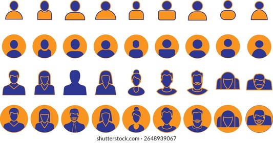 sold avatar icons set for profiles, social media, forums, featuring diverse ages, genders, professions, anonymous users, male and female vectors.
