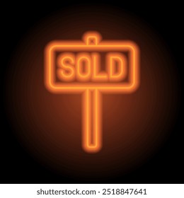 Vendido Anuncio simple icono de Vector. Diseño plano. Neón naranja sobre fondo negro.ai