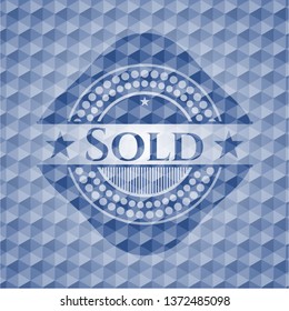 Sold blue emblem with geometric background.