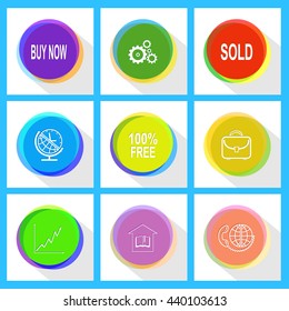 sold, gears, buy now, briefcase, 100% free, globe and clock, global communication, library, diagram. Business set. Internet template. Vector icons.