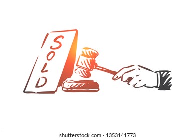 Sold, hammer, auction, sale concept. Hand drawn auction hammer and humans hand concept sketch. Isolated vector illustration.