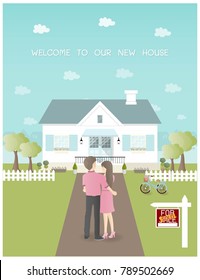 Sold House With Couple Holding Each Other In Front Of New House And Garden With Bicycle And Trees. Blue Background With City On The Back. Flat Design Vector Illustration.  