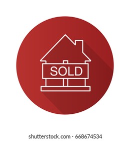 Sold house flat linear long shadow icon. Real estate purchase. House with sold sign. Vector outline symbol