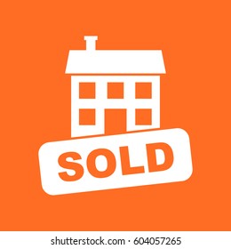 Sold house icon. Vector illustration in flat style on orange background.