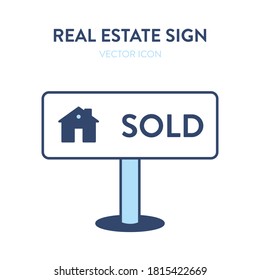 Sold house sign icon. Vector illustration of a house selling signage with a small home image and text SOLD. Real estate sale plate vector icon
