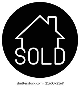 Sold, house simple icon vector. Flat design. White icon on black circle. White background.ai