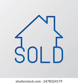 Vendido, casa simple icono Vector. Diseño plano. Diseño de corte de papel. Símbolo azul cortado con sombra. Fondo gris.ai