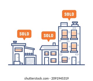 Sold houses, apartments and villa, real estate vector illustration, rental housing shortage, scarce living space, isolated on white background.