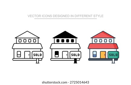 Conjunto de iconos vendidos en diferentes estilos con ilustración de fondo blanco