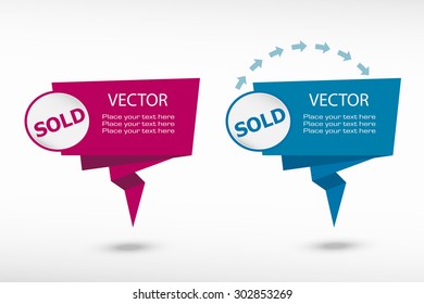Sold message on origami paper speech bubble or web banner, prints. Vector illustration