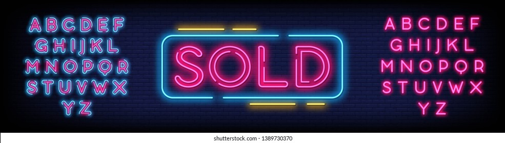 Sold Neon Text Vector with a Brick Wall Background design template  modern trend design  night neon signboard  night bright advertising  light banner  light art. Vector illustration. Editing Text Neon