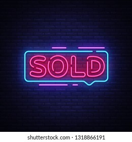 Sold Neon Text Vector. Sold neon sign, design template, modern trend design, night neon signboard, night bright advertising, light banner, light art. Vector illustration