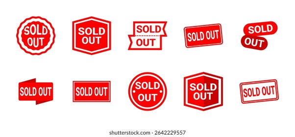 Sold Out Badges. Red Labels for Out-of-Stock Products, Promotions, or Storefronts. Bold and eye-catching Sold Out signs in various shapes, perfect for marketing, e-commerce, and banners.