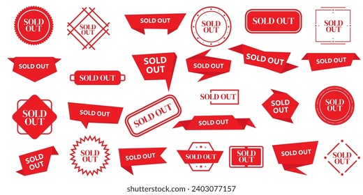 Sold out badges set. Sale stickers set. Sold out banners, labels, stamps, and signs isolated on white background