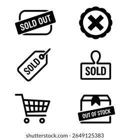Sold Out Icons Shopping Cart Box Tags and X Mark Black and White Minimalist Design E commerce Stock Vector Graphics