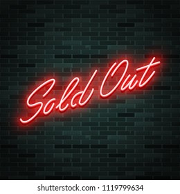 Sold out neon glowing text, vector illustration