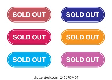 Sold out and price tag, sticker, label, sign stamp. Sold out golden and silver tag button and label design. Sold out colorful stamp text on white background.