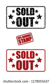 Sold out red and black text grunge rubber ink postage stamp isolated on white background. Grungy vector stencil sticker illustration. Retro shabby poster.  Vintage rectangular tag template. 