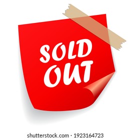 Sold out red vector paper isolated on white background, sold out curled up sticker