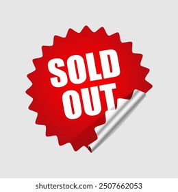 Sold out red vector sticker isolated on white background, sticky note paper with curled up corner, web design element