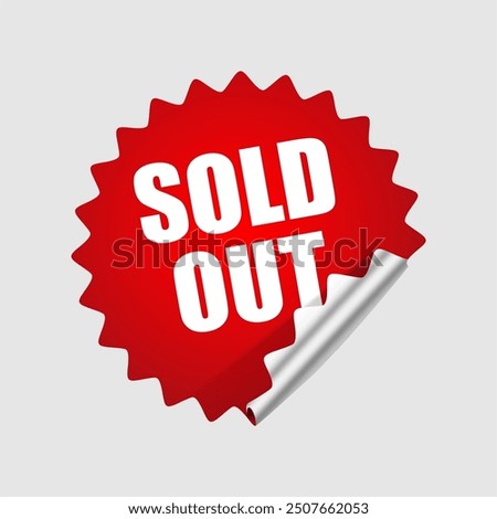 Sold out red vector sticker isolated on white background, sticky note paper with curled up corner, web design element